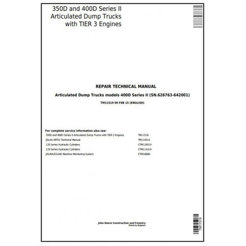 TM11519 SERVICE REPAIR TECHNICAL MANUAL - JOHN DEERE 350D, 400D SERIES 2 ARTICULATED DUMP TRUCK DOWNLOAD