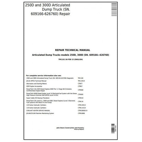 TM1161 SERVICE REPAIR TECHNICAL MANUAL - JOHN DEERE 250D, 300D ARTICULATED DUMP TRUCK DOWNLOAD