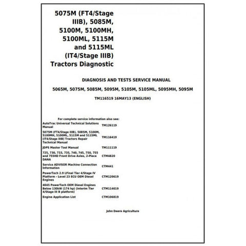 TM116519 DIAGNOSTIC AND TESTS SERVICE MANUAL - JOHN DEERE 5075M, 5085M, 5100M, 5100MH, 5100ML, 5115M, 5115ML TRACTORS DOWNLOAD