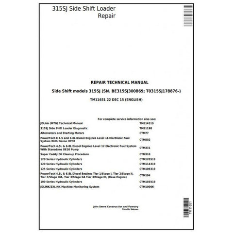 TM11651 SERVICE REPAIR TECHNICAL MANUAL - JOHN DEERE 315SJ SIDE SHIFT LOADER DOWNLOAD