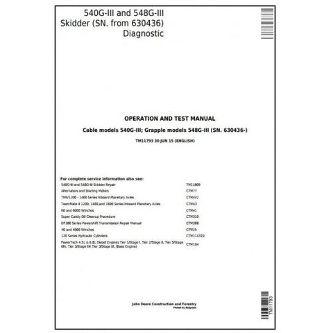 TM11793 DIAGNOSTIC OPERATION AND TESTS SERVICE MANUAL - JOHN DEERE 540G-III AND 548G-III (SN.630436) SKIDDER DOWNLOAD