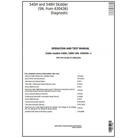 TM11794 DIAGNOSTIC OPERATION AND TESTS SERVICE MANUAL - JOHN DEERE 540H, 548H SKIDDER (SN. FROM 630436) DOWNLOAD