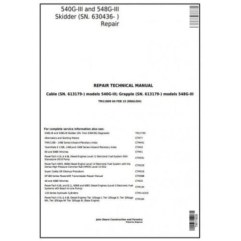 TM11809 SERVICE REPAIR TECHNICAL MANUAL - JOHN DEERE 540G-III AND 548G-III (SN. 630436-) SKIDDER DOWNLOAD