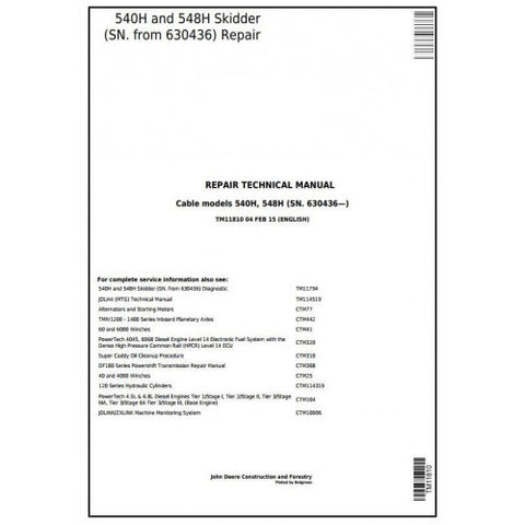 TM11810 SERVICE REPAIR TECHNICAL MANUAL - JOHN DEERE 540H AND 548H SKIDDER (SN. FROM 630436) DOWNLOAD