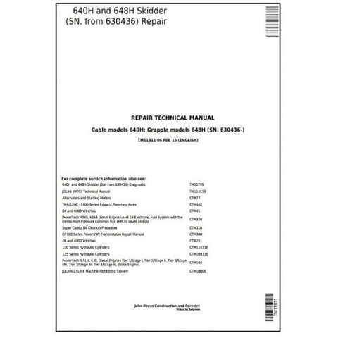 TM11811 SERVICE REPAIR TECHNICAL MANUAL - JOHN DEERE 640H AND 648H (SN. FROM 630436) SKIDDER DOWNLOAD