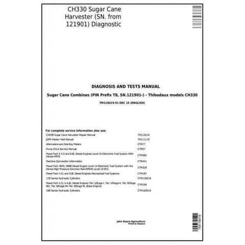 TM118419 DIAGNOSIS AND TESTS MANUAL - JOHN DEERE CH330 SUGAR CANE HARVESTER DOWNLOAD