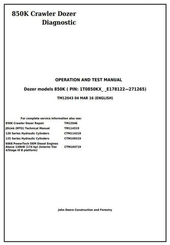 TM12043 DIAGNOSTIC OPERATION AND TESTS SERVICE MANUAL - JOHN DEERE 850K CRAWLER DOZER DOWNLOAD