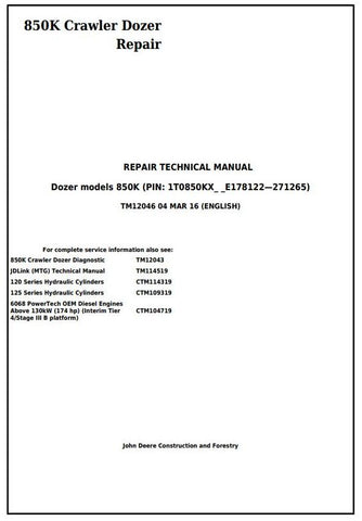 TM12046 SERVICE REPAIR TECHNICAL MANUAL - JOHN DEERE 850K CRAWLER DOZER DOWNLOAD