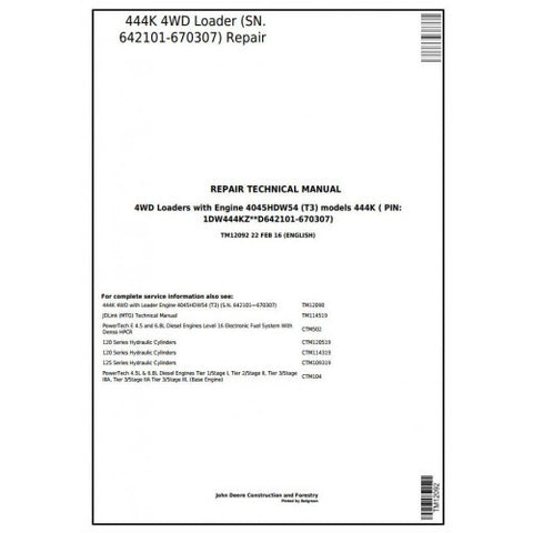 TM12092 SERVICE REPAIR TECHNICAL MANUAL - JOHN DEERE 444K 4WD LOADER (SN.642101-670307) DOWNLOAD