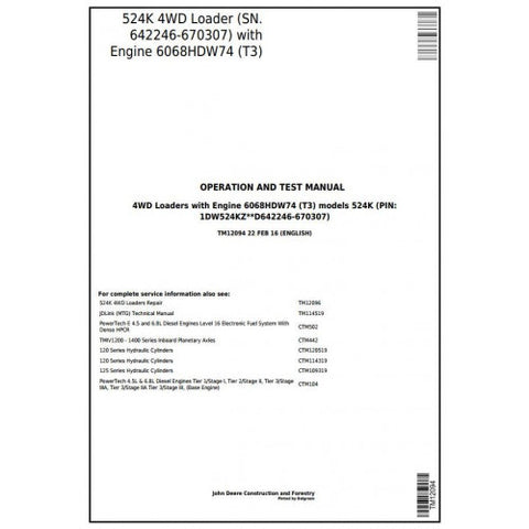 TM12094 DIAGNOSTIC OPERATION AND TESTS SERVICE MANUAL - JOHN DEERE 524K 4WD LOADER (SN.642246-670307) DOWNLOAD