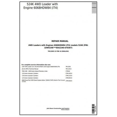 TM12095 SERVICE REPAIR TECHNICAL MANUAL - JOHN DEERE 524K 4WD LOADER (SN.E642246-670307) DOWNLOAD