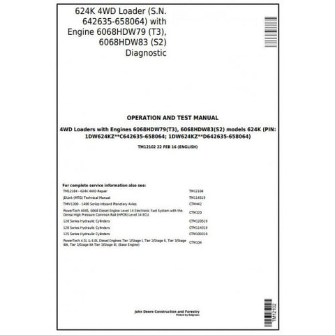 TM12102 DIAGNOSTIC OPERATION AND TESTS SERVICE MANUAL - JOHN DEERE 624K 4WD LOADER (SN.642635-658064) DOWNLOAD