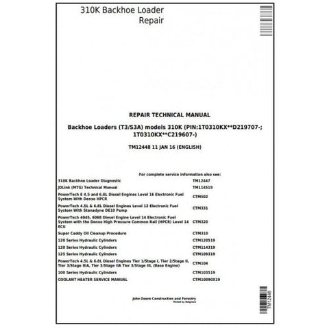 TM12448 SERVICE REPAIR TECHNICAL MANUAL - JOHN DEERE 310K BACKHOE LOADER (SN. D219707-; C219607-) DOWNLOAD