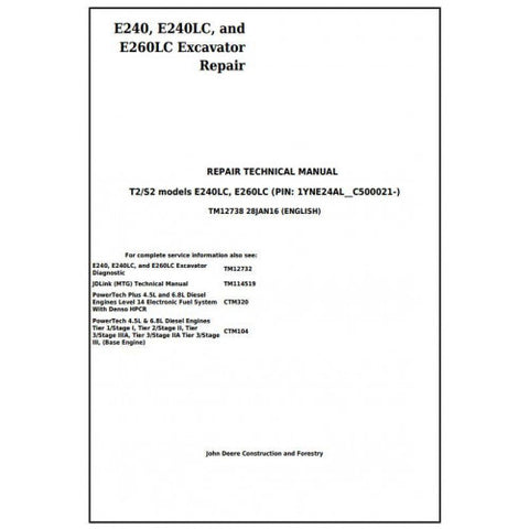 TM12738 SERVICE REPAIR TECHNICAL MANUAL - JOHN DEERE E240, E240LC AND E260LC (T3/S3A) EXCAVATOR DOWNLOAD