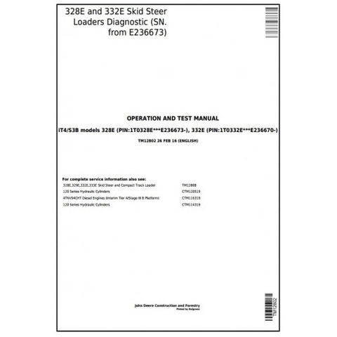 TM12802 DIAGNOSTIC OPERATION AND TESTS SERVICE MANUAL - JOHN DEERE 328E, 332E SKID STEER LOADER (SN.E236673-) DOWNLOAD