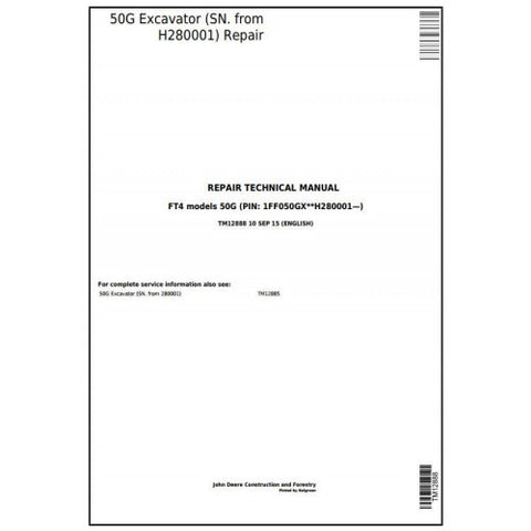 TM12888 SERVICE REPAIR TECHNICAL MANUAL - JOHN DEERE 50G (SN. FROM H280001) COMPACT EXCAVATOR DOWNLOAD