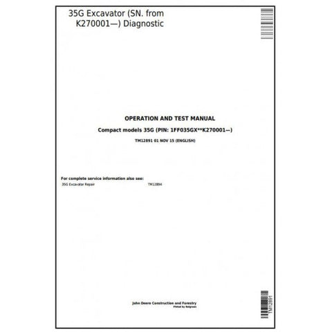 TM12891 DIAGNOSTIC OPERATION AND TESTS SERVICE MANUAL - JOHN DEERE 35G (SN.K270001) COMPACT EXCAVATOR DOWNLOAD