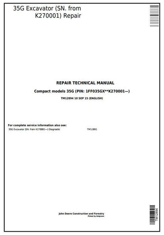 TM12894 SERVICE REPAIR TECHNICAL MANUAL - JOHN DEERE 35G (SN. FROM K270001) COMPACT EXCAVATOR DOWNLOAD