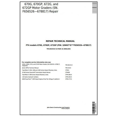 TM13025X19 SERVICE REPAIR TECHNICAL MANUAL - JOHN DEERE 670G 670GP 672G 672GP (SN.F656526—678817) MOTOR GRADER DOWNLOAD