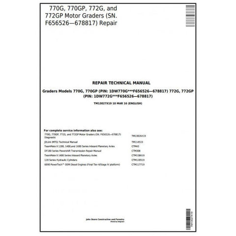 TM13027X19 SERVICE REPAIR TECHNICAL MANUAL - JOHN DEERE 770G 770GP 772G 772GP (SN.F656526-678817) MOTOR GRADER DOWNLOAD