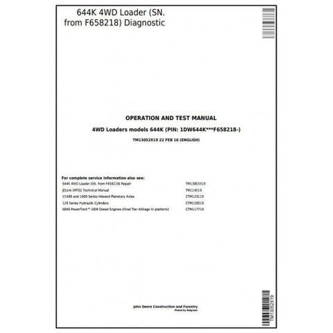 TM13052X19 DIAGNOSTIC OPERATION AND TESTS SERVICE MANUAL - JOHN DEERE 624K 4WD LOADER (SN. F658218-) DOWNLOAD