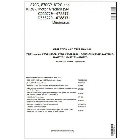 TM13067X19 DIAGNOSTIC OPERATION AND TESTS SERVICE MANUAL - JOHN DEERE 870G 870GP 872G 872GP (SN.656729—678817) MOTOR GRADER DOWNLOAD