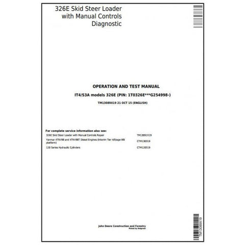 TM13089X19 DIAGNOSTIC OPERATION AND TESTS SERVICE MANUAL - JOHN DEERE 326E SKID STEER LOADER WITH MANUAL CONTROLS DOWNLOAD