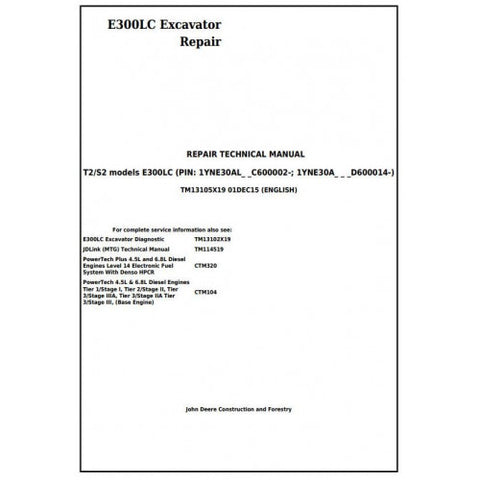 TM13105X19 SERVICE REPAIR TECHNICAL MANUAL - JOHN DEERE E300LC (T2/S2) EXCAVATOR DOWNLOAD