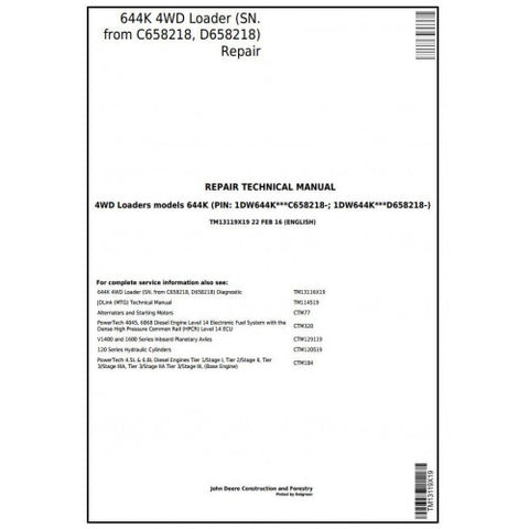 TM13119X19 SERVICE REPAIR TECHNICAL MANUAL - JOHN DEERE 644K 4WD LOADER (SN. FROM C658218, D658218) DOWNLOAD