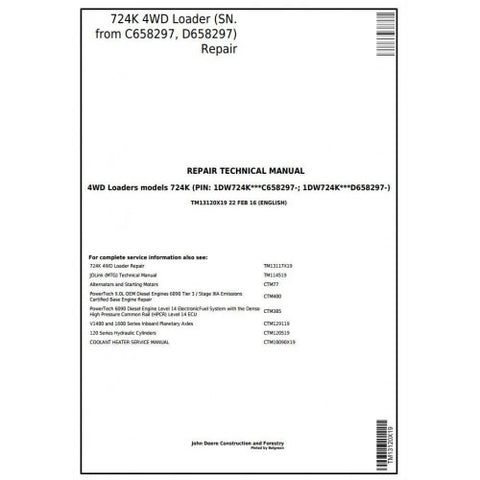 TM13120X19 SERVICE REPAIR TECHNICAL MANUAL - JOHN DEERE 724K 4WD LOADER (SN. FROM C658297, D658297) DOWNLOAD