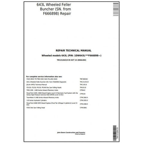 TM13126X19 SERVICE REPAIR TECHNICAL MANUAL - JOHN DEERE 643L (SN. F666898-) WHEELED FELLER BUNCHER DOWNLOAD