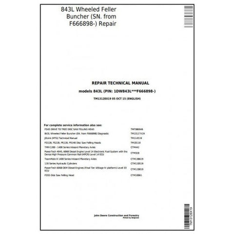 TM13128X19 SERVICE REPAIR TECHNICAL MANUAL - JOHN DEERE 843L WHEELED FELLER BUNCHER (SN. F666898-) DOWNLOAD