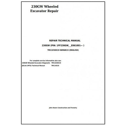 TM13250X19 SERVICE REPAIR TECHNICAL MANUAL - JOHN DEERE 230GW WHEELED EXCAVATOR DOWNLOAD