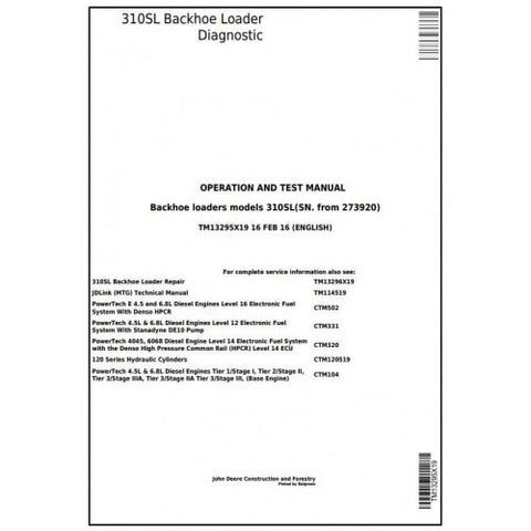 TM13295X19 DIAGNOSTIC OPERATION AND TESTS SERVICE MANUAL - JOHN DEERE 310SL BACKHOE LOADER (SN. FROM 273920) DOWNLOAD