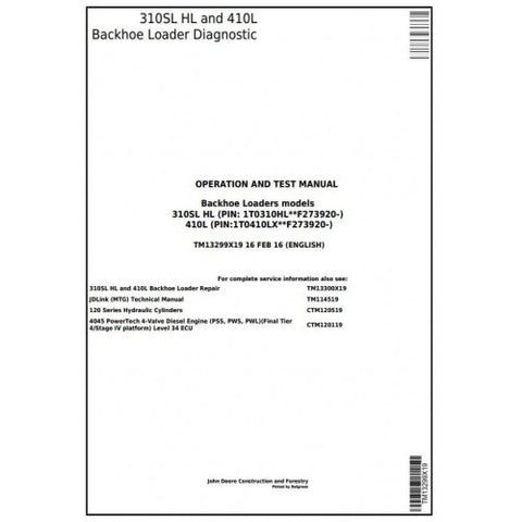 TM13299X19 DIAGNOSTIC OPERATION AND TESTS SERVICE MANUAL - JOHN DEERE 310SL HL, 410L BACKHOE LOADER (SN.273920-) DOWNLOAD