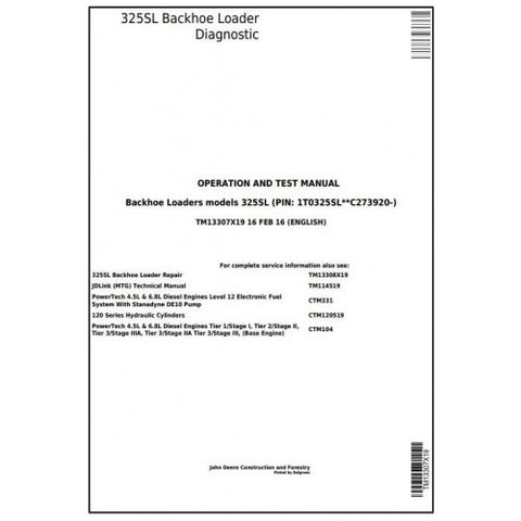 TM13307X19 DIAGNOSTIC OPERATION AND TESTS SERVICE MANUAL - JOHN DEERE 325SL BACKHOE LOADER (SN.FROM 273920) DOWNLOAD