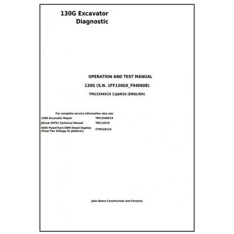 TM13344X19 DIAGNOSTIC OPERATION AND TESTS SERVICE MANUAL - JOHN DEERE 130G EXCAVATOR DOWNLOAD