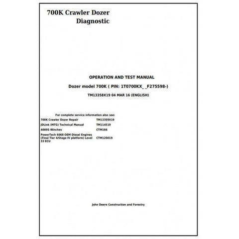 TM13358X19 DIAGNOSTIC OPERATION AND TESTS SERVICE MANUAL - JOHN DEERE 700K CRAWLER DOZER DOWNLOAD