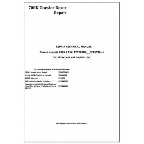 TM13359X19 SERVICE REPAIR TECHNICAL MANUAL - JOHN DEERE 700K CRAWLER DOZER DOWNLOAD