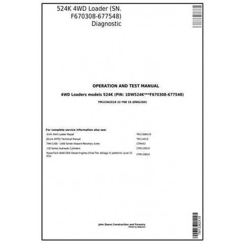 TM13362X19 DIAGNOSTIC OPERATION AND TESTS SERVICE MANUAL - JOHN DEERE 524K 4WD LOADER (SN.F670308-677548) DOWNLOAD