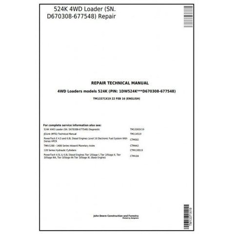 TM13371X19 SERVICE REPAIR TECHNICAL MANUAL - JOHN DEERE 524K 4WD LOADER (SN. D670308-677548) DOWNLOAD