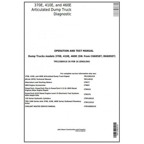 TM13380X19 DIAGNOSTIC OPERATION AND TESTS SERVICE MANUAL - JOHN DEERE 370E, 410E, 460E ARTICULATED DUMP TRUCK DOWNLOAD