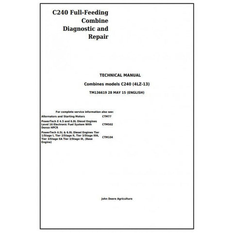 TM136619 DIAGNOSTIC AND REPAIR TECHNICAL MANUAL - JOHN DEERE C240 (4LZ-13) FULL-FEEDING COMBINE DOWNLOAD