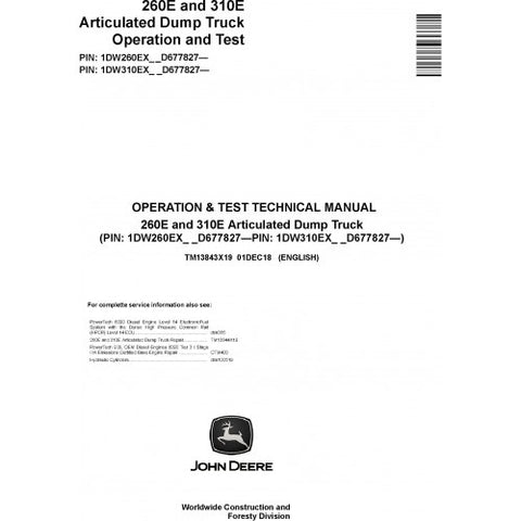 TM13843X19 OPERATION AND TESTS TECHNICAL MANUAL - JOHN DEERE 260E, 310E ARTICULATED DUMP TRUCK DOWNLOAD