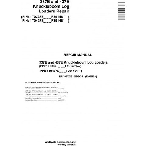 TM13993X19 SERVICE REPAIR TECHNICAL MANUAL - JOHN DEERE 337E, 437E (SN.F291461) KNUCKLEBOOM LOG LOADERS DOWNLOAD