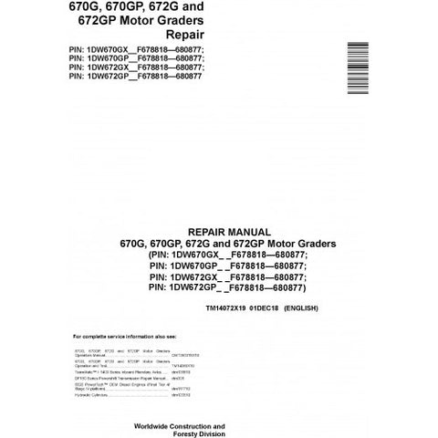 TM14072X19 REPAIR MANUAL - JOHN DEERE 670G 670GP 672G 672GP (SN.F678818-680877) MOTOR GRADERS DOWNLOAD