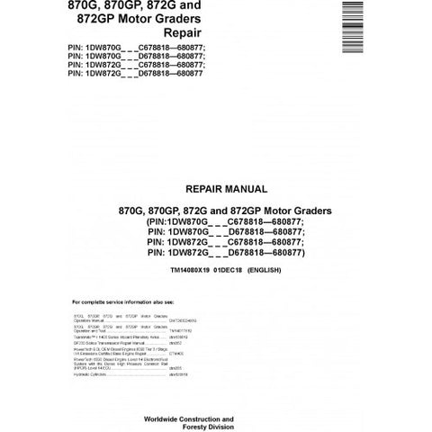 TM14080X19 REPAIR MANUAL - JOHN DEERE 870G 870GP 872G 872GP (SN. C678818-680877) MOTOR GRADERS DOWNLOAD