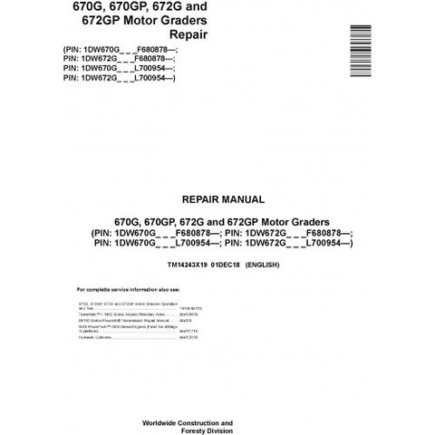 TM14243X19 REPAIR MANUAL - JOHN DEERE 670G 670GP 672G 672GP (SN.F680878- L700954-) MOTOR GRADERS DOWNLOAD