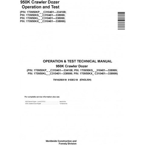 TM14258X19 OPERATION AND TESTS TECHNICAL MANUAL - JOHN DEERE 950K (SN. C310401-338999) CRAWLER DOZER DOWNLOAD