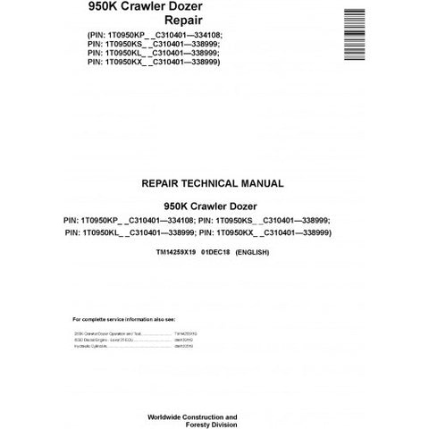 TM14259X19 SERVICE REPAIR TECHNICAL MANUAL - JOHN DEERE 950K (SN. C310401-338999) CRAWLER DOZER DOWNLOAD